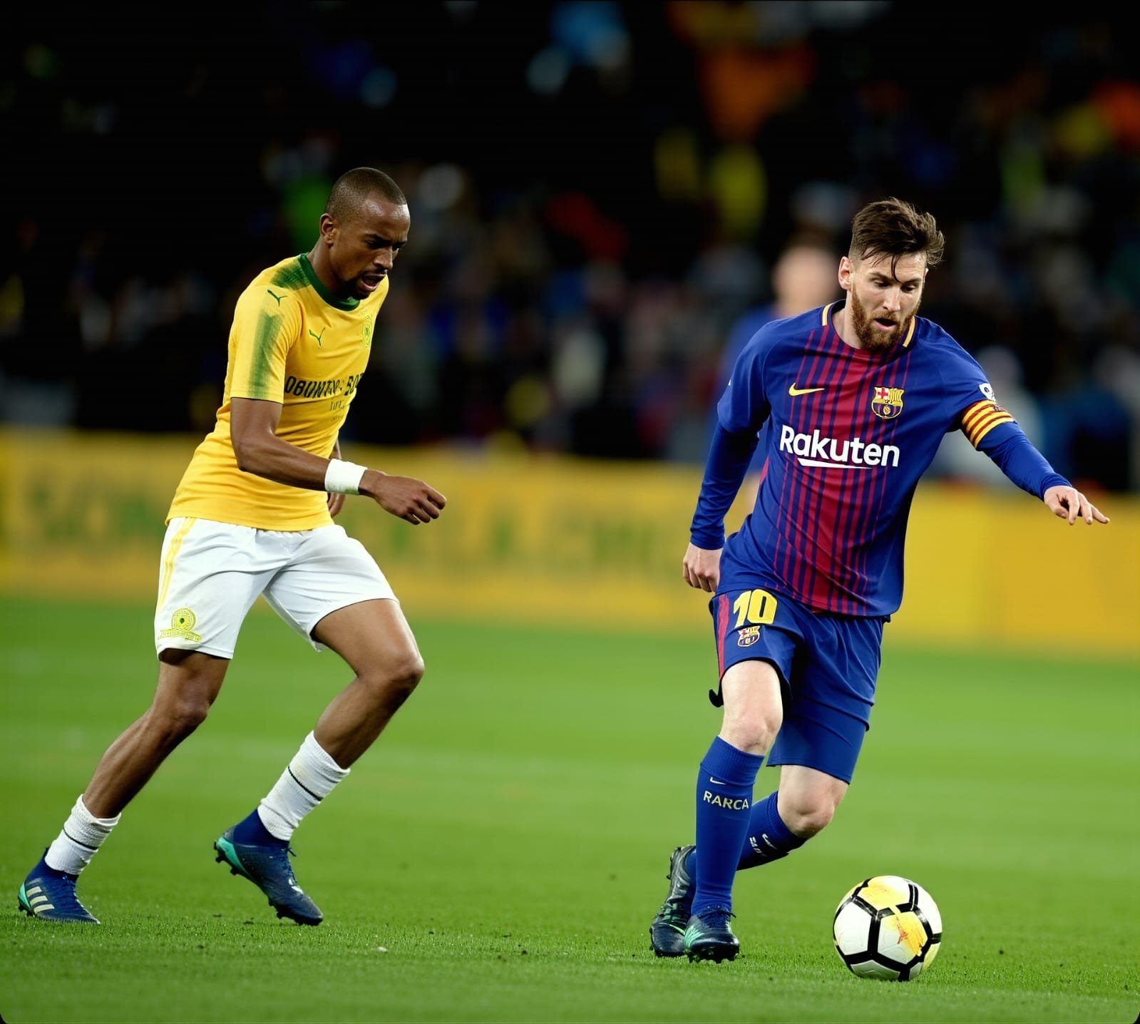 Tiyani Mabunda marking Lionel Messi in a match against FC Barcelona